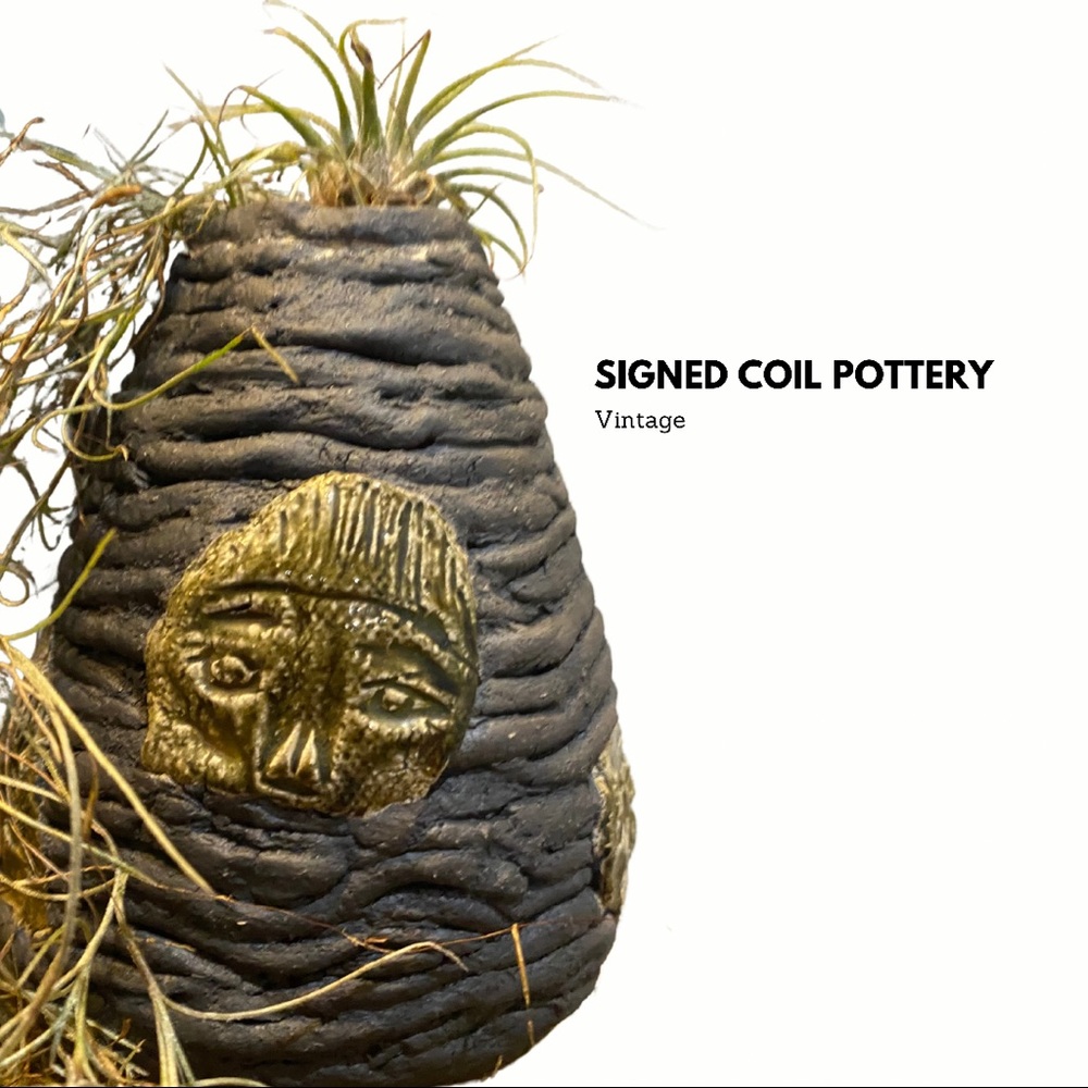 Unique Beautifully Handmade & Signed Coil Pottery Art Vase Black, Tribal Masks